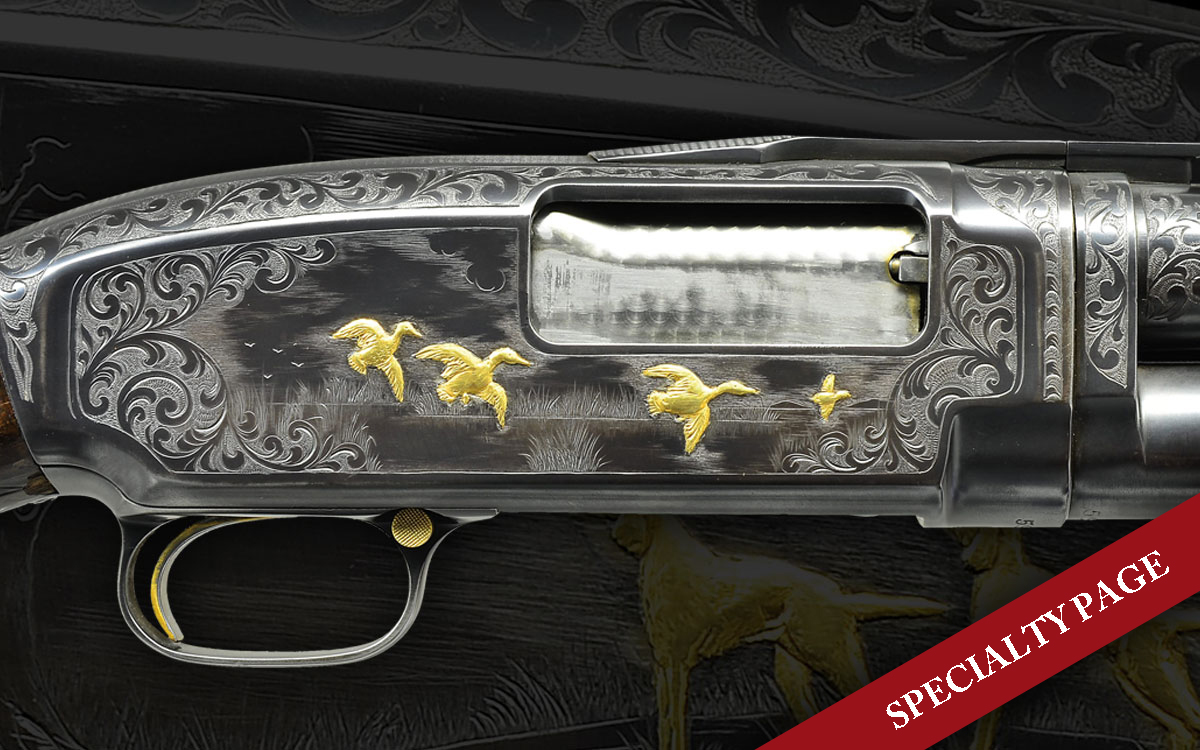 WINCHESTER MODEL 12 CUSTOM ENGRAVED PUMP SHOTGUN WITH GOLD INLAYS.