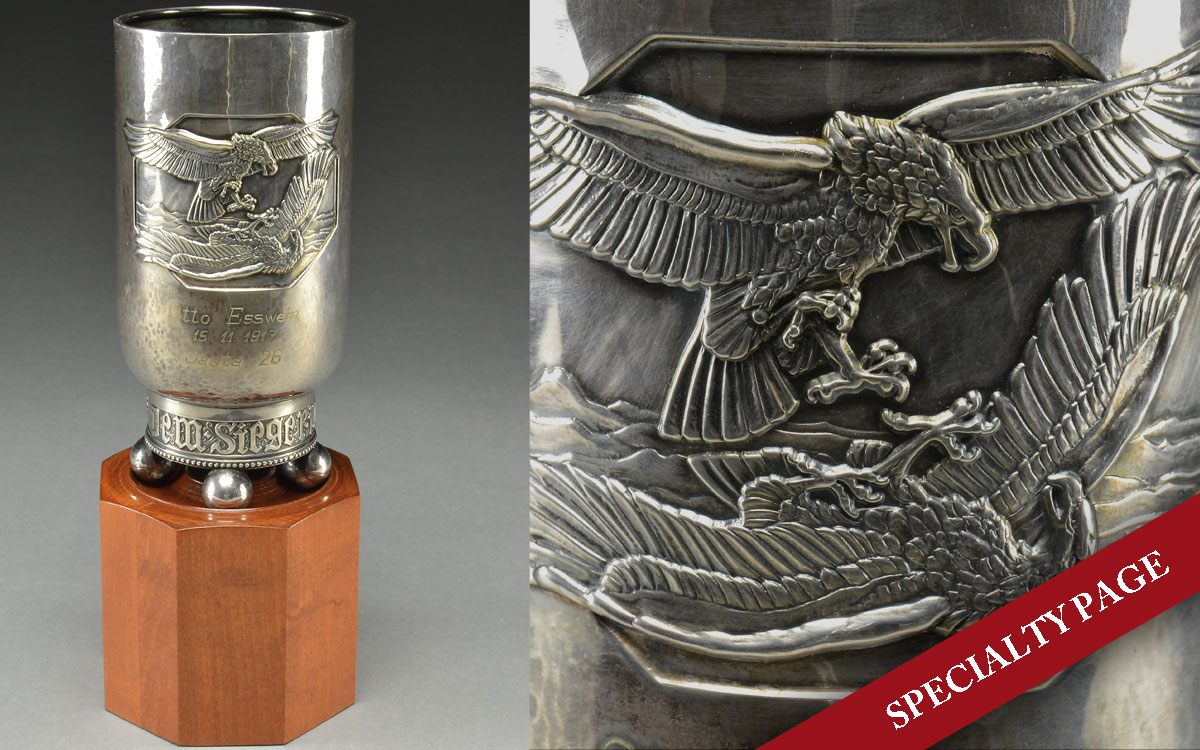 WWI GERMAN HONOR GOBLET PRESENTED TO FIGHTER ACE OTTO ESSWEIN ON THE OCCASION OF HIS FIRST AIR VICTORY.
