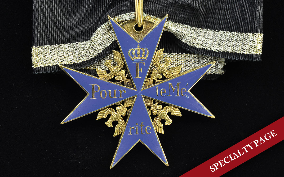 A FRANCO-PRUSSIAN WAR PERIOD POUR LE MERITE WITH RIBBON ALSO KNOWN AS THE “BLUE MAX”.