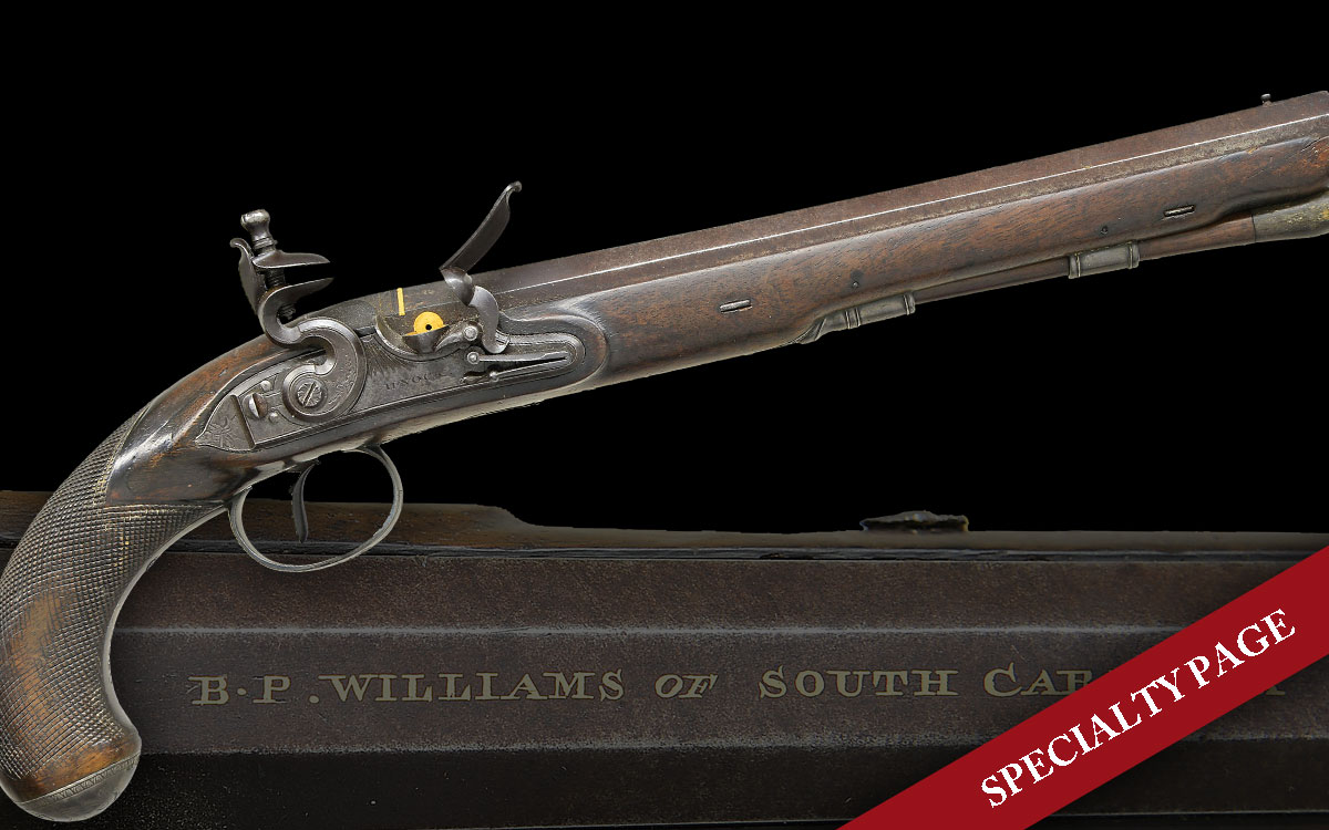 HENRY NOCK SILVER MOUNTED DUELING PISTOL WITH GOLD INLAID “B P WILLIAMS OF SOUTH CAROLINA”, WEALTHY PLANTATION OWNER WHO FREED HIS NEGRO SLAVES.