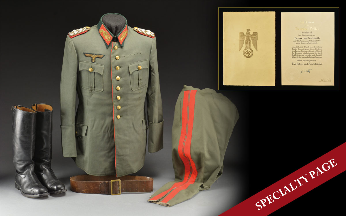 WWII GERMAN GENERAL’S UNIFORM COAT, PANTS & BELT BELONGING TO GENERAL HANS VON SALMUTH ALONG WITH HIS PROMOTION DOCUMENT TO GENERALLEUTNANT.