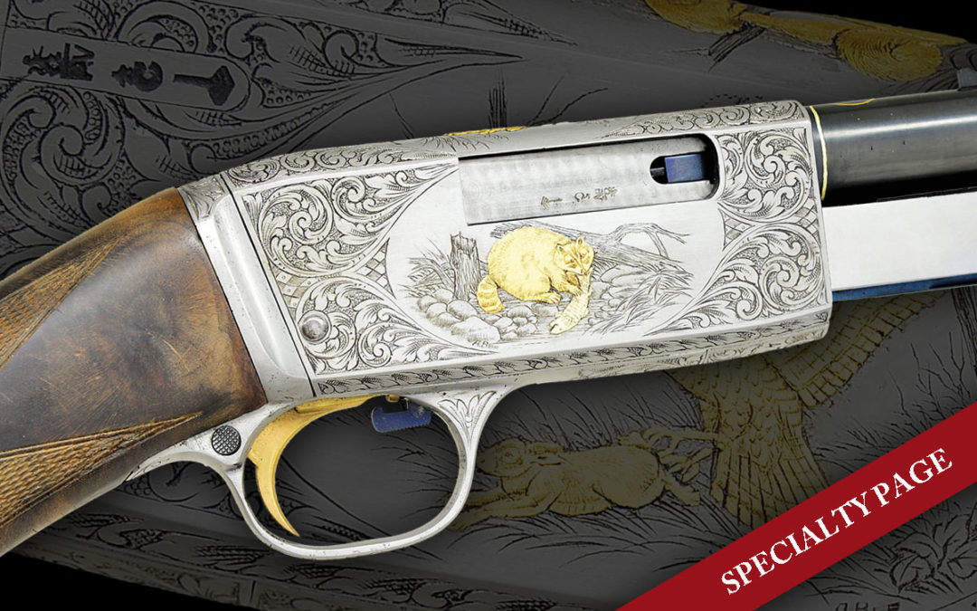 BROWNING TROMBONE SLIDE ACTION RIFLE WITH OUTSTANDING ANGELO BEE CUSTOM GAME SCENE ENGRAVING.