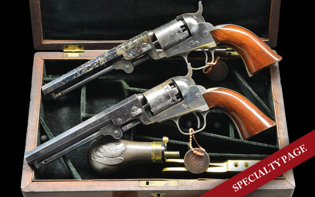 HISTORIC CASED PAIR COLT POCKET REVOLVERS CAPTURED ON CONFEDERATE BLOCKADE RUNNER “ARMSTRONG”.