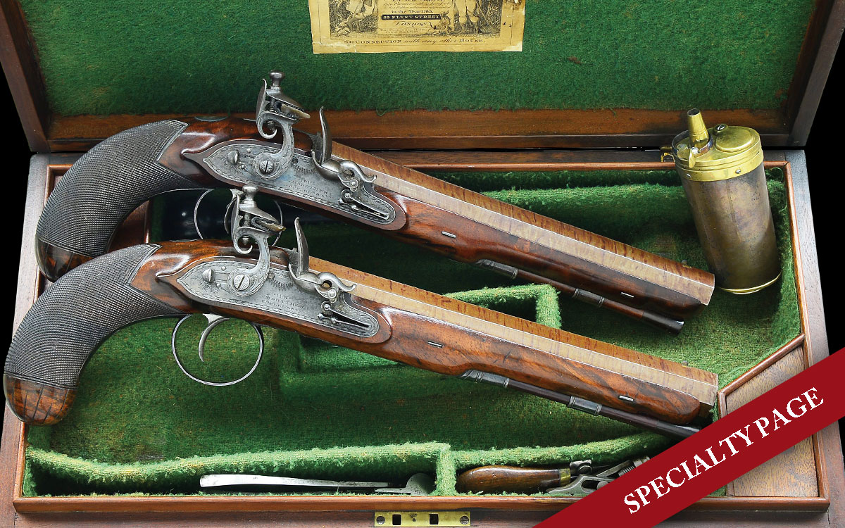 SUPBER HIGH ORIGINAL CONDITION CASED PAIR OF FLINTLOCK DUELING PISTOLS BY H. W. MORTIMER. Cal. 65