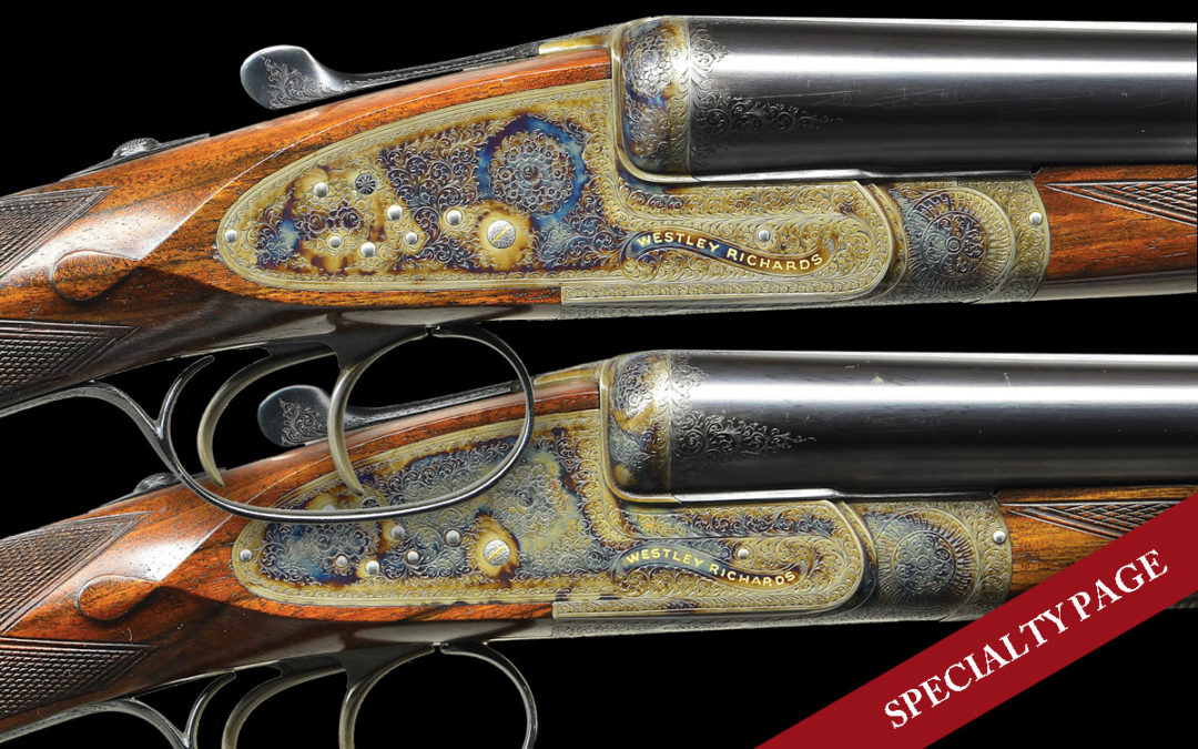 EXCEPTIONALLY FINE MATCHED PAIR OF GOLD NAME WESTLEY RICHARDS SIDELOCK EJECTOR SELF OPENING DOUBLE TRIGGER GAMEGUNS WITH HAND DETACHABLE LOCKS.
