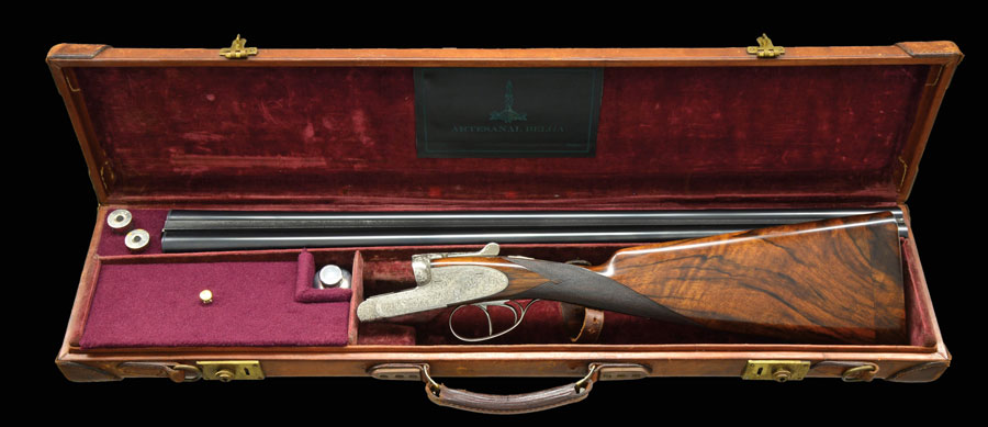 FINE QUALITY BELGIAN GUILD SIDELOCK EJECTOR ROUND ACTION GAME GUN WITH CASE. Cal. 16 ga. 2 1/2″