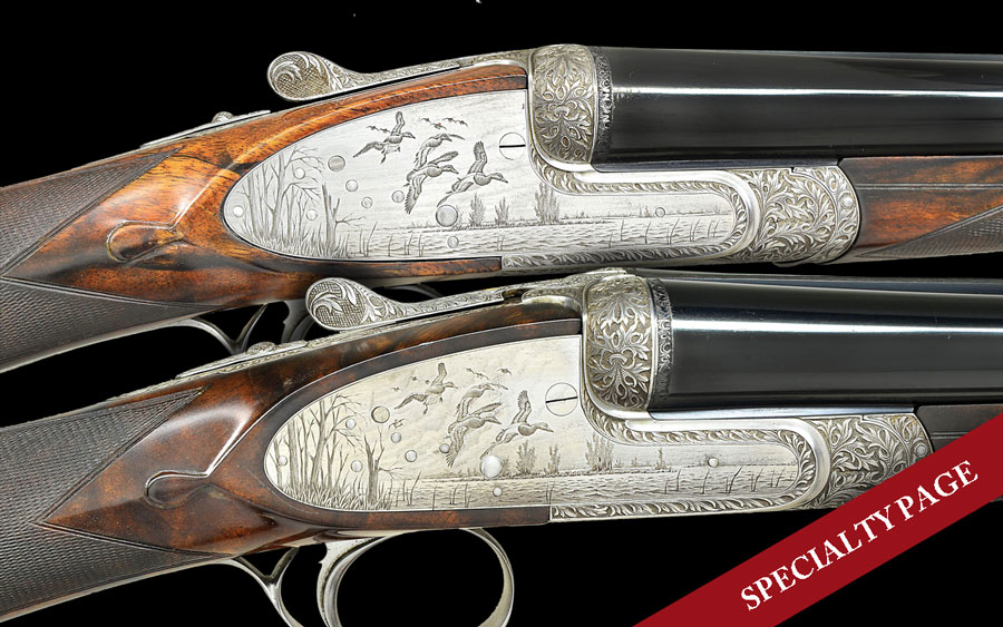 SUPERB BEST ITALIAN SIDELOCK PAIR OF HEAVY GAME GUNS SIGNED E. MATTARELLI WITH WONDERFUL RELIEF ACANTHUS SCROLL & BULINO GAME & DOG SCENE ENGRAVING BY THE ESTEEMED MARIO TERZI IN PURDEY CASE