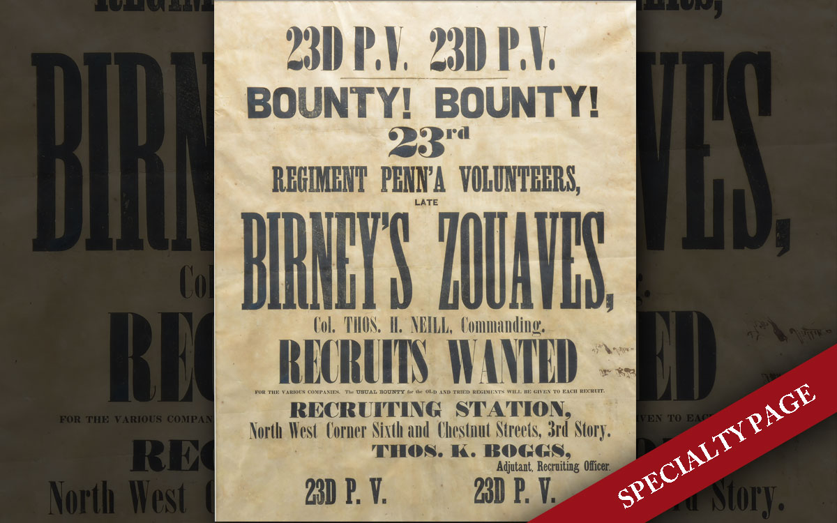 FINE RARE AND VERY LARGE 1862 “BIRNEY ZOUAVES” 23RD PENNSYLVANIA INFANTRY RECRUITING BROADSIDE