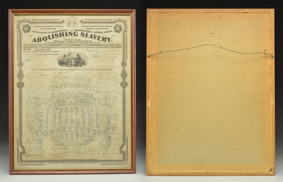 “ABOLISHING SLAVERY”, A RARE HIGH CONDITION FRAMED BROADSIDE OF THE 13TH AMENDMENT TO THE CONSTITUTION