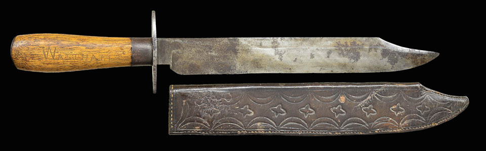 VERY FINE CONFEDERATE BOWIE KNIFE WITH ORIGINAL TOOLED SHEATH