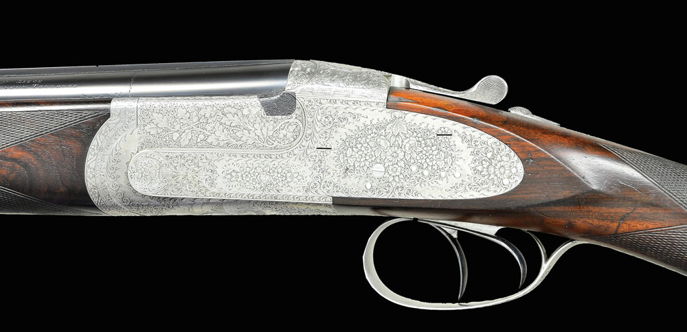 EXCEPTIONALLY FINE SIDELOCK EJECTOR O/U WITH UNUSUAL MODEL 32 TYPE BOLTING SYSTEM BY A. FORGERON. Cal. 12 ga 2 3/4″
