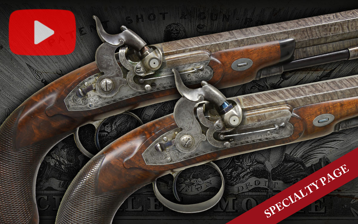 FINE CASED PAIR OF PILL LOCK HOLSTER OR DUELING PISTOLS BY CHARLES MOORE