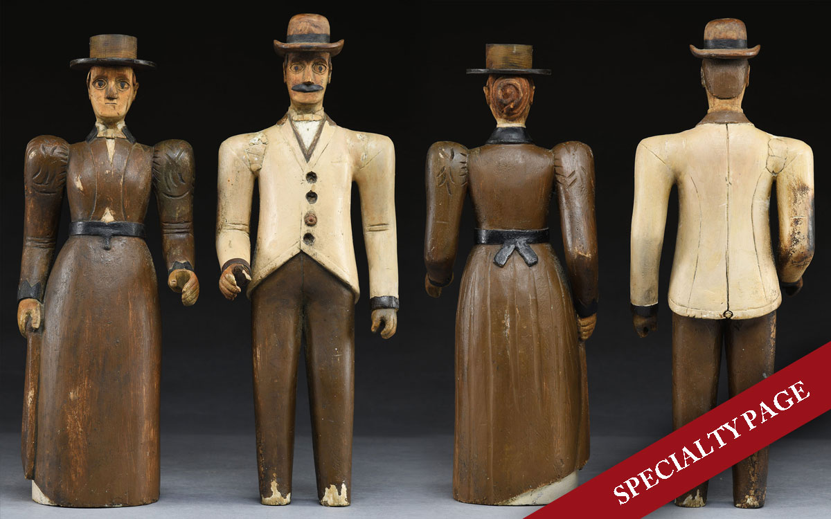 EXTRAORDINARY PAIR OF FOLK CARVED AND PAINTED FIGURES OF A LADY & A GENTLEMAN CIRCA 1870 OR 1880 BELIEVED TO AT ONE TIME BEEN USED AS A DISPLAY IN A TAILOR SHOP IN AUGUSTA, MAINE