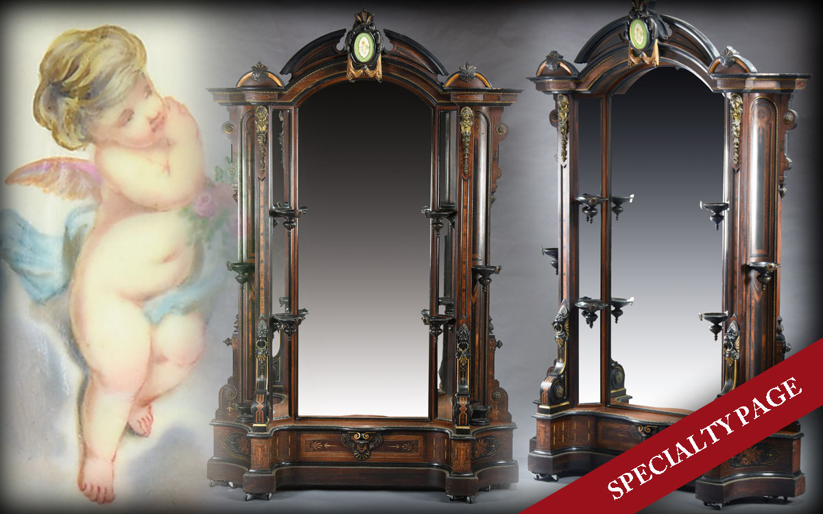 EXCEPTIONAL AESTHETIC MOVEMENT INLAID ROSEWOOD PIER MIRROR / ETAGERE BY POTTIER & STYMUS