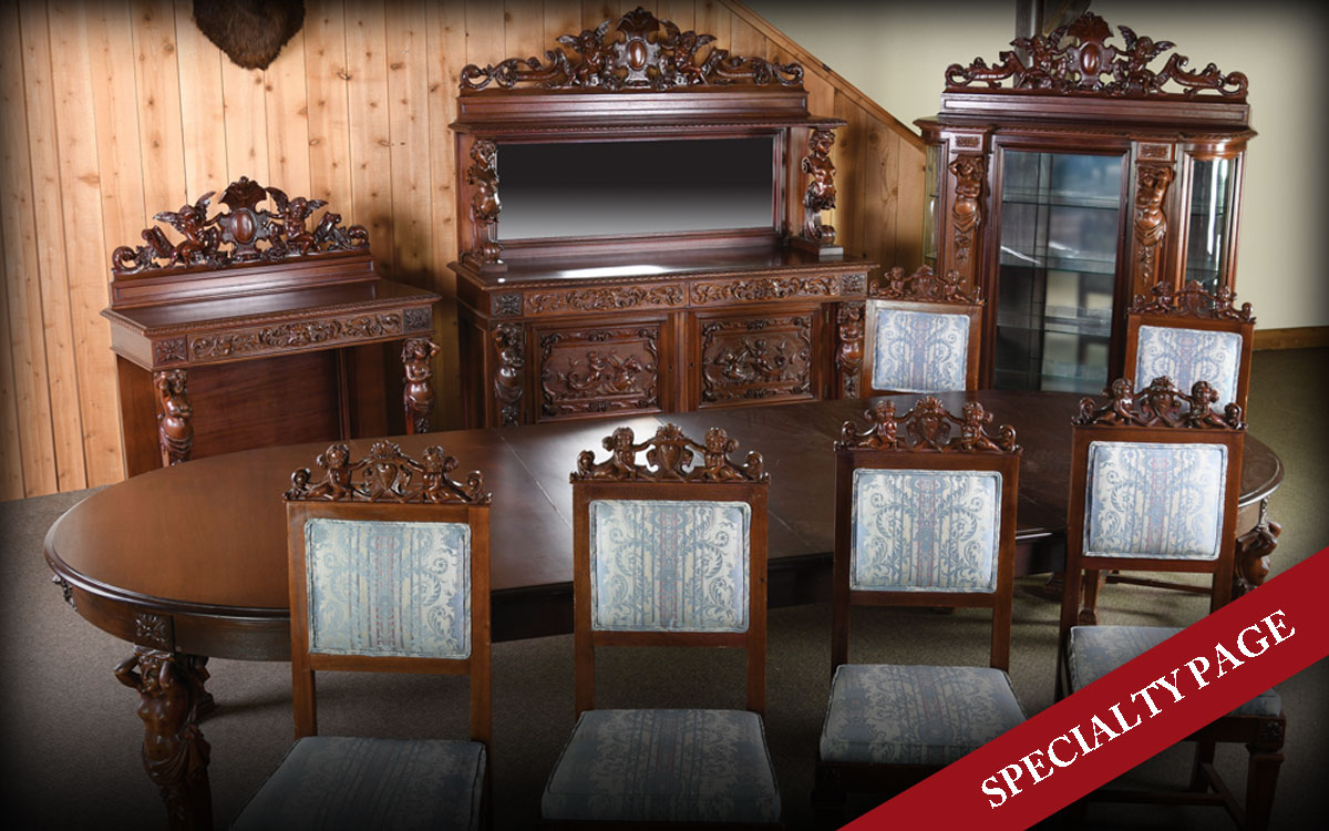 R.J. HORNER 10-PIECE CARVED MAHOGANY DINING ROOM SUITE