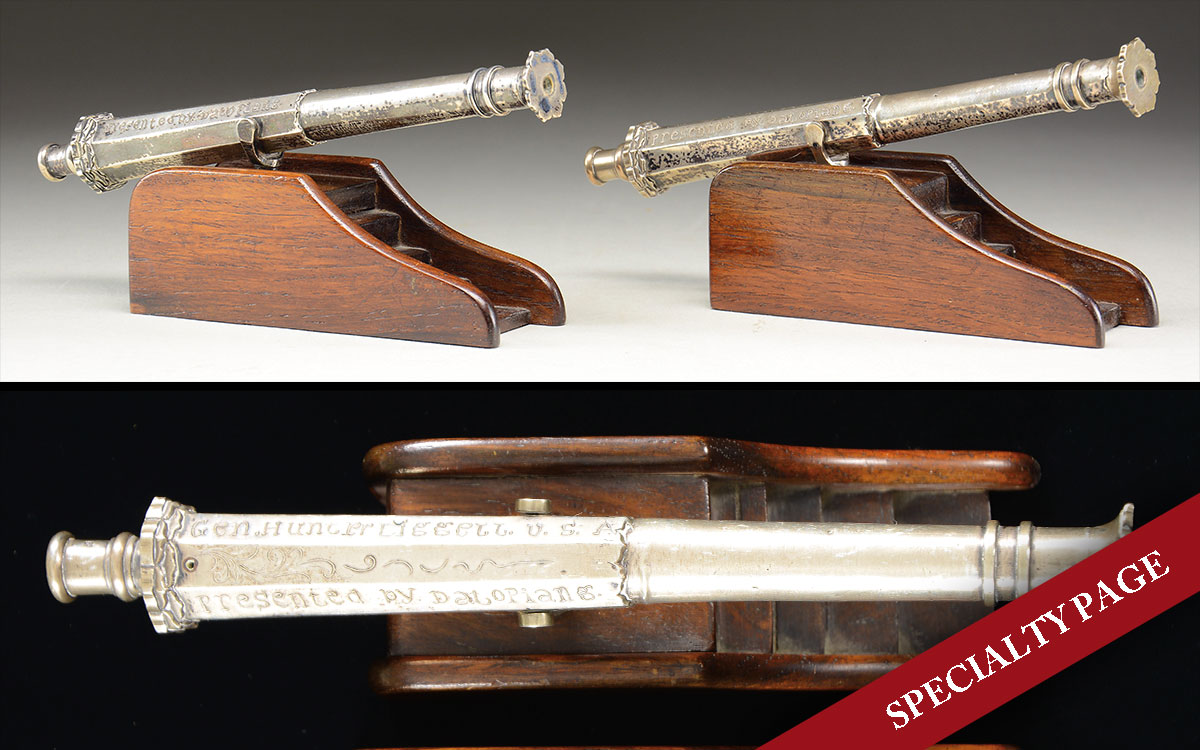LOT 4366A. RARE & UNIQUE MORO CHIEF PRESENTATION PAIR OF SILVER LANTAKA CANNONS TO GENERAL HUNTER LEGGITT