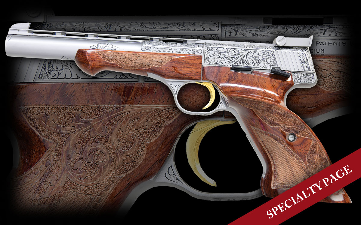 LOT 2105. BEAUTIFUL RENAISSANCE ENGRAVED BELGIAN BROWNING MEDALIST SEMI-AUTOMATIC PISTOL WITH FACTORY CASE & ACCESSORIES