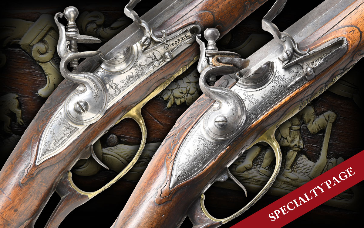 INCREDIBLE MATCHED PAIR OF EARLY FLINTLOCK JAEGER RIFLES BY PAUL POSER OF PRAGUE WITH WONDERFUL RAISED RELIEF ENGRAVED DETAILING BY FRANZ MATZENKOPF
