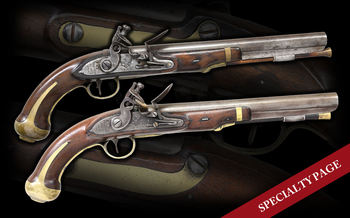 EXCEPTIONALLY RARE PAIR OF M1805 HARPERS FERRY FLINTLOCK PISTOLS DATED 1808 & NUMBERED 1659