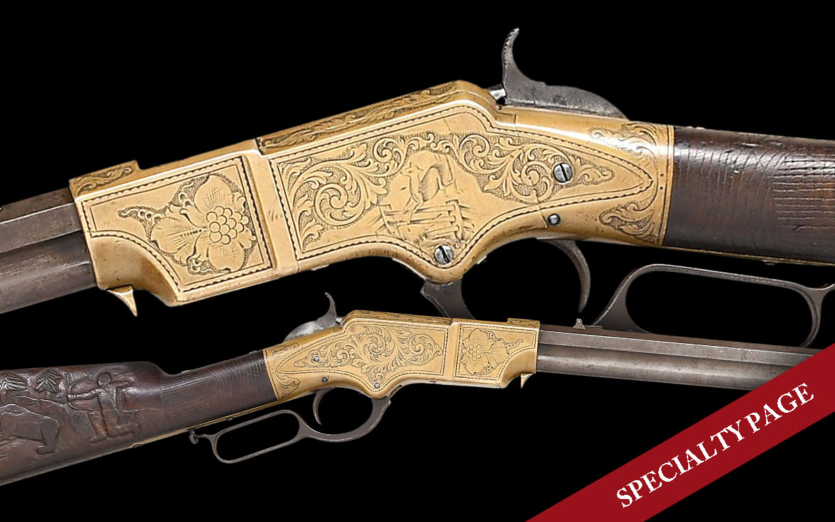 UNIQUE FACTORY ENGRAVED HENRY RIFLE, STOCK DECORATED BY CALIFORNIA MASTER CARVER JOSE DOMINGO BATZ, 1880.