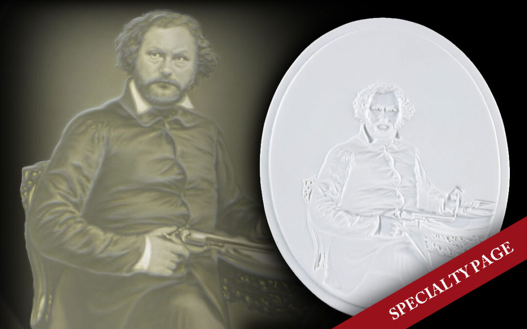 RARE KPM LITHOPHANE OF SAMUEL COLT HOLDING COLT REVOLVER, CIRCA 1855