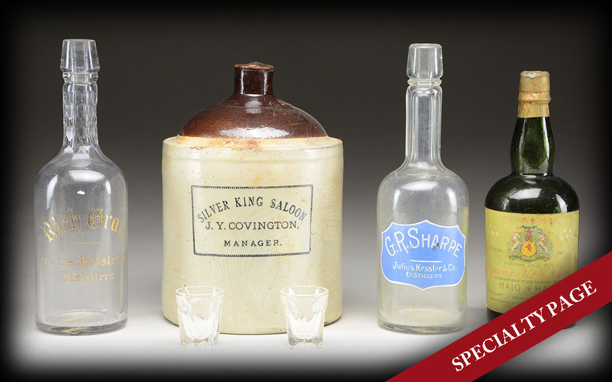 “SILVER KING SALOON” WHISKEY JUG & TWO GOOD BACK BAR WHISKEY BOTTLES