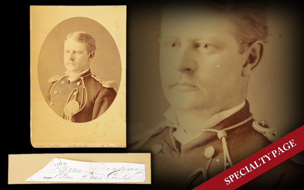 SCARCE CABINET CARD & AUTOGRAPH OF 1ST LT. JAMES CALHOUN, KILLED AT LITTLE HORN, GEORGE CUSTER’S BROTHER IN LAW