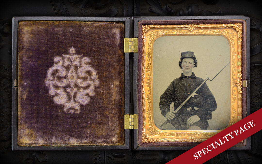 FINE SIXTH PLATE RUBY AMBROTYPE OF UNION INFANTRYMAN WITH MUSKET