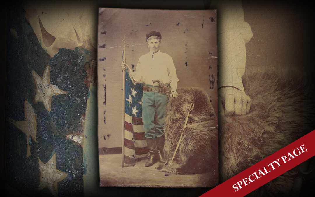HALF PLATE PATRIOTIC TINTYPE WITH TINTED FLAG, SABER & COLT REVOLVER