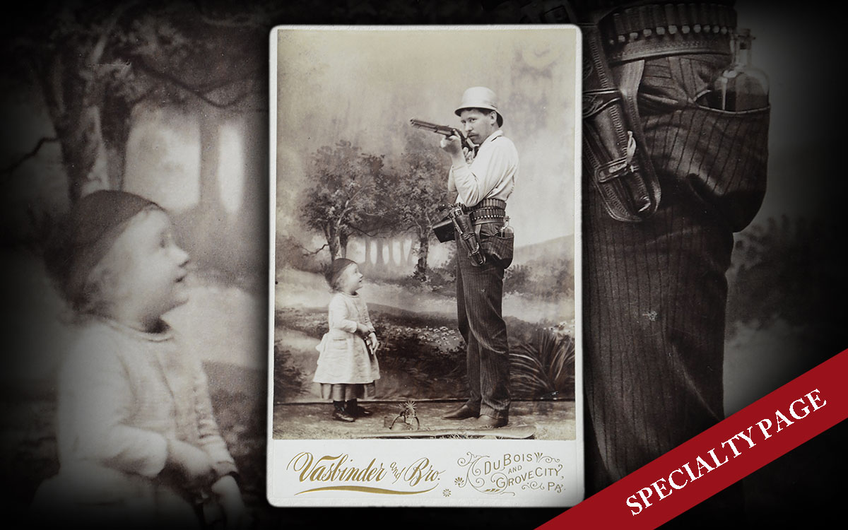 GREAT CABINET CARD PHOTO OF MAN AIMING RIFLE, WITH COLT LOGO GRIP SAA