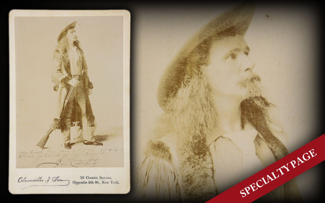 INSCRIBED & SIGNED WITH RHYME CABINET CARD PHOTO, JW “CAPTAIN JACK” CRAWFORD ON HIS 49th BIRTHDAY, 1896