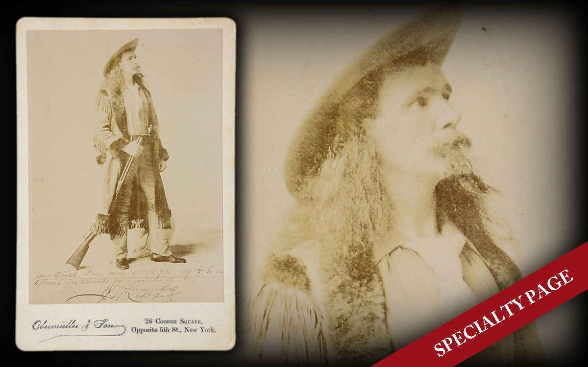 INSCRIBED & SIGNED WITH RHYME CABINET CARD PHOTO, JW “CAPTAIN JACK” CRAWFORD ON HIS 49th BIRTHDAY, 1896