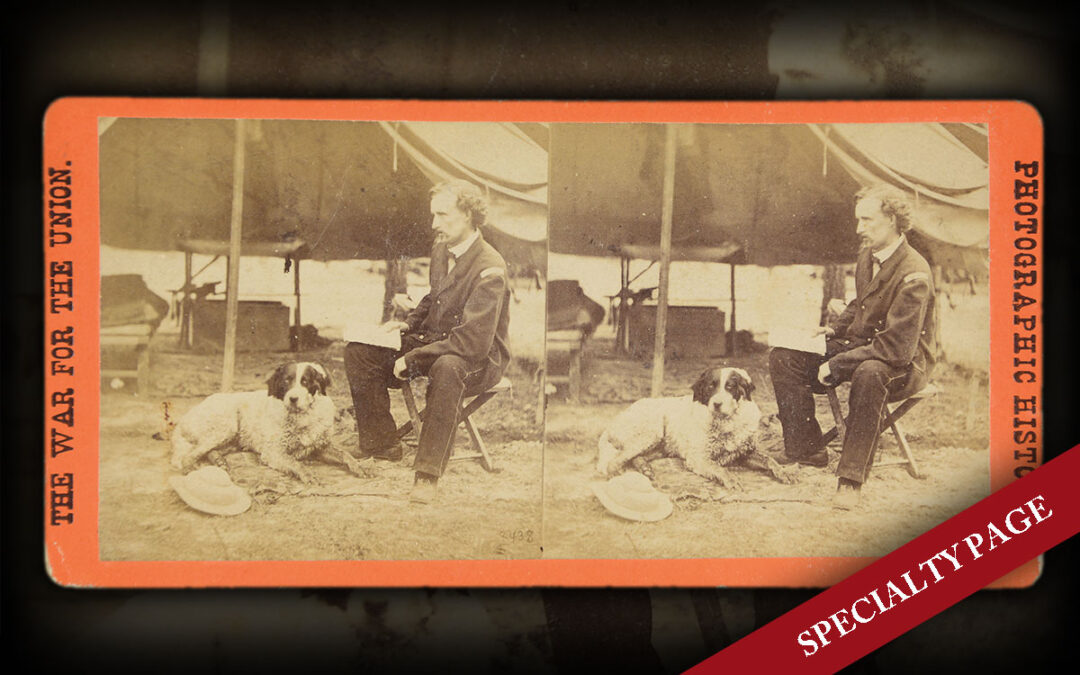 MATTHEW BRADY STEREOVIEW OF BRIG. GEN. GEORGE CUSTER JULY 11, 1864 IN THE FIELD WITH HIS DOG