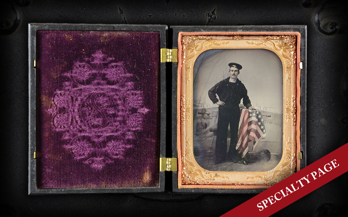 FINE QUARTER CIVIL WAR TINTYPE OF US SAILOR WITH TINTED AMERICAN FLAG