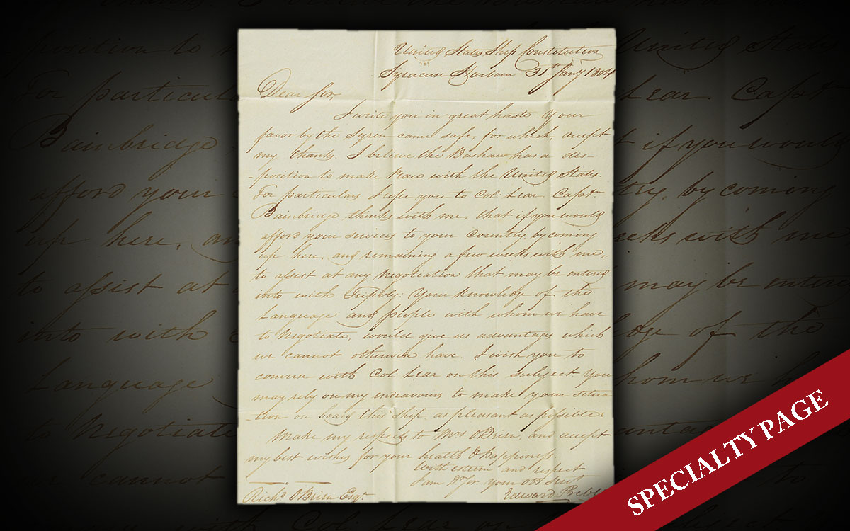 EXCELLENT BARBARY COAST WAR LETTER OF COMMODORE EDWARD PREBLE