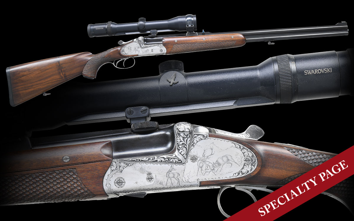 VERY FINELY CRAFTED BLITZ EJECTOR O/U DOUBLE RIFLE BY BERNHARDT FRITZ ENGRAVED BY F. OBERDORFER WITH SWAROVSKI SCOPE