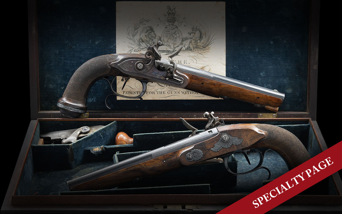 GOOD PAIR OF DUTCH FLINTLOCK PISTOLS BY DELINCEE OF AMSTERDAM WITH LATER INTERCHANGABLE PERCUSSION LOCKS BY RIVIERE OF LONDON IN RIVIERE CASE.