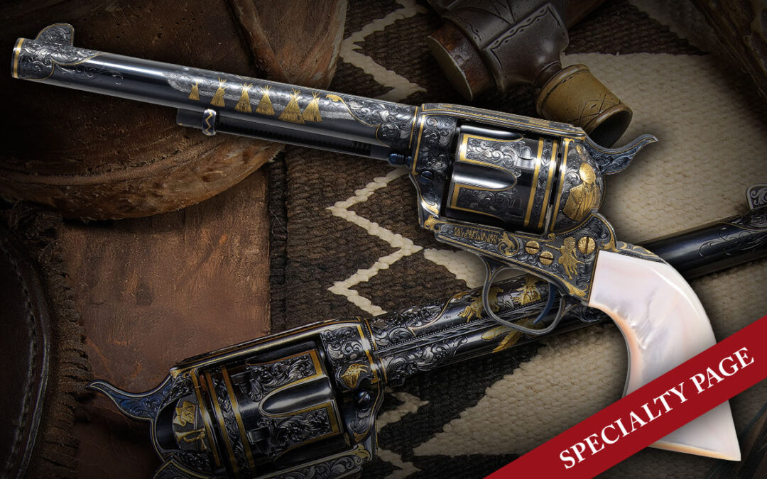 PHENOMENAL CASED, FULLY ENGRAVED & INLAID “CUSTER’S LAST STAND” TRIBUTE COLT SINGLE ACTION ARMY REVOLVER BY FEGA MASTER ENGRAVER, MICHAEL DUBBER