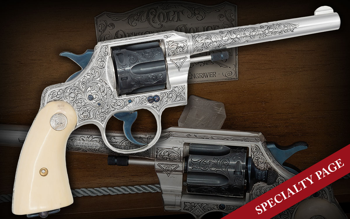 CASED, SILVER PLATED AND MASTER ENGRAVED: “THE SILVER SCREEN SIX SHOOTER” COLT OFFICIAL POLICE WITH “HOLLYWOOD” GRIPS BY MICHAEL DUBBER