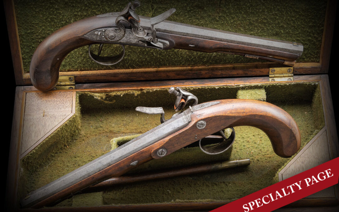PAIR OF “AS FOUND” FLINTLOCK DUELLING OR HOLSTER PISTOLS BY WOGDON IN ORIGINAL CASE