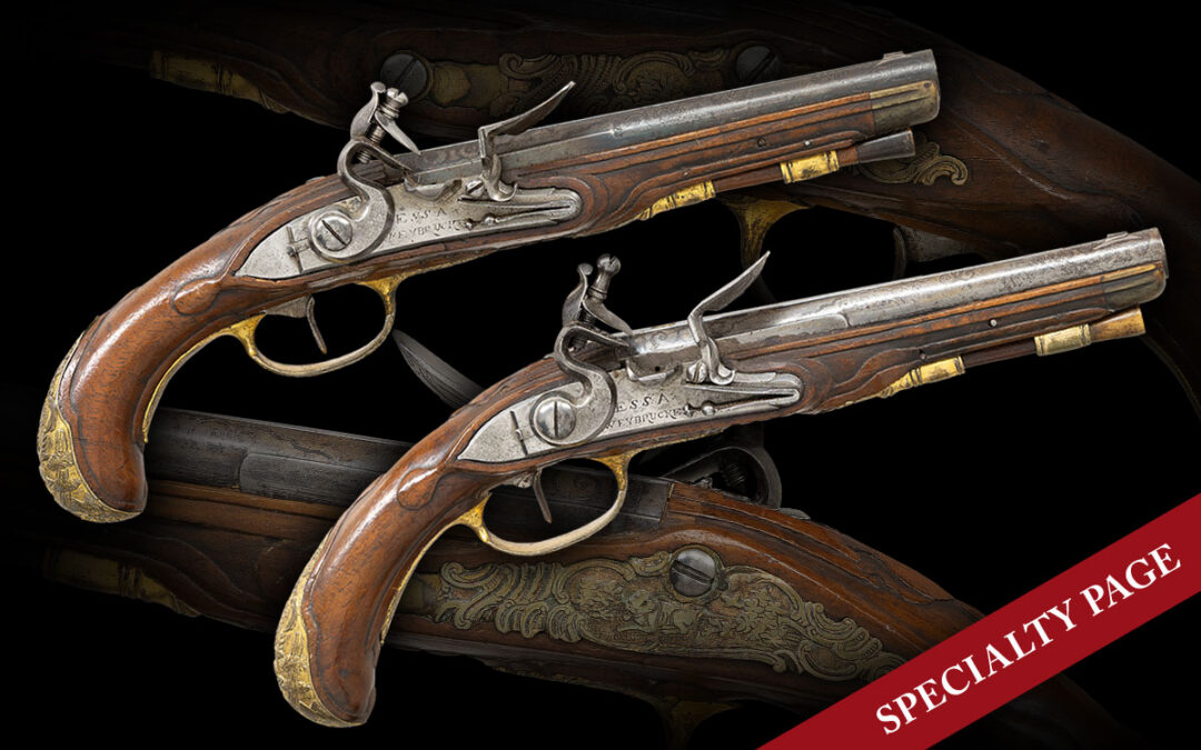 GOOD PAIR OF SMALL SIZE FLINTLOCK HOLSTER PISTOLS WITH BARRELS BY KUCHENREUTER