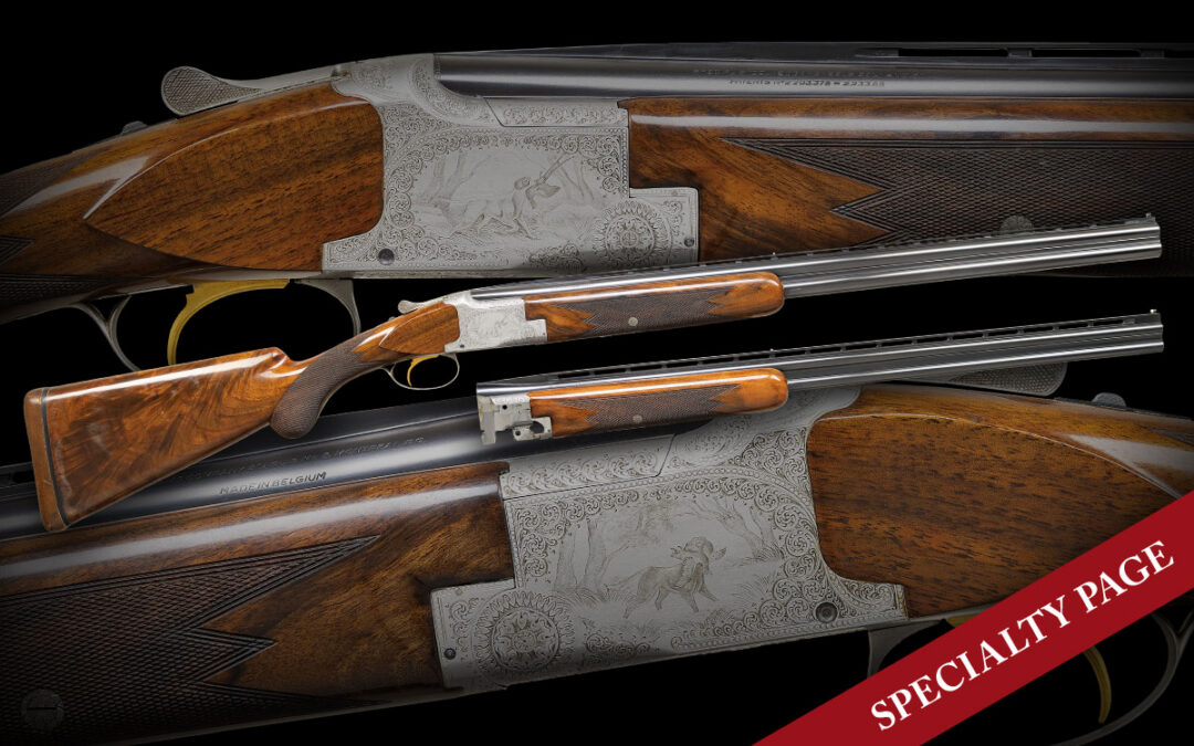 RARE BROWNING POINTER GRADE SUPERPOSED 20 GA./.410 2 BARREL SET ENGRAVED BY FERNAND SPIEGEL IN ORIGINAL CASE
