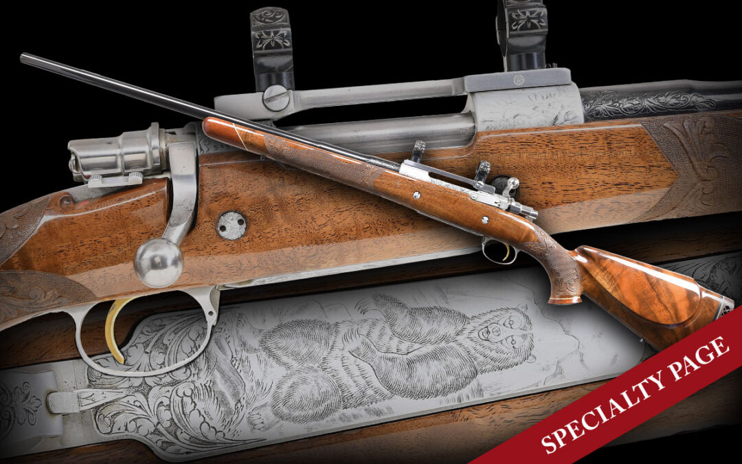 RENE DEWIL & ANGELO BEE ENGRAVED OLYMPIAN GRADE BROWNING HIGH POWER BOLT ACTION RIFLE WITH CASE