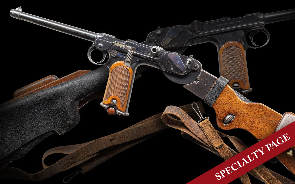 HIGH CONDITION ALL MATCHING BORCHARDT C93 MADE BY LOEWE, CALIBER 7.65MM, ONE OF THE LAST TO HAVE BEEN ASSEMBLED BY LOEWE, COMPLETE WITH UNNUMBERED STOCK/CHEEKPIECE, HOLSTER, AND SHOULDER STRAP