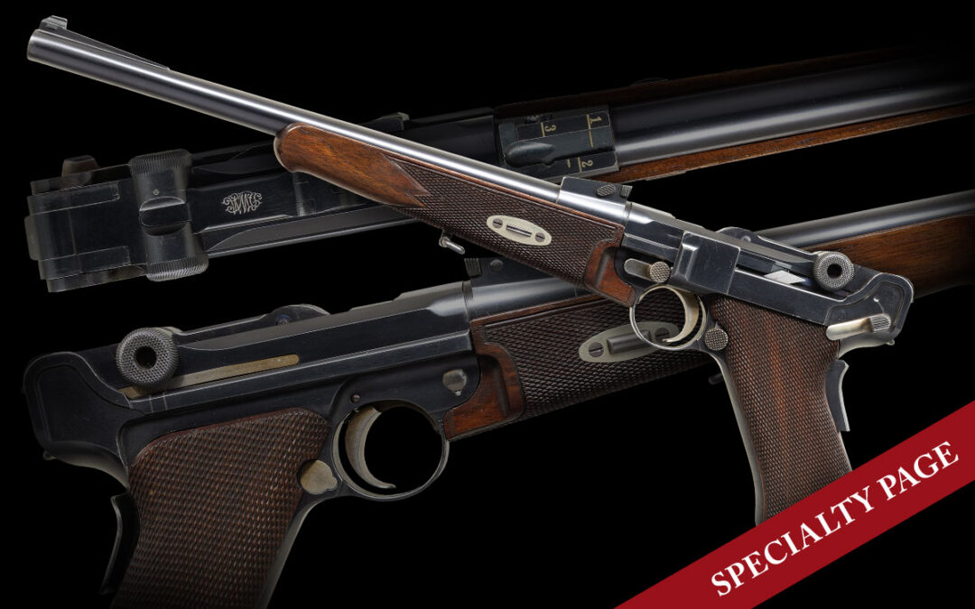 SUPER SCARCE 1906 PATTERN GL MARKED LUGER CARBINE IN THE EXPERIMENTAL, PRE-SERIES 10,000C SERIAL RANGE, THIS EXAMPLE IN 9MMP WITH A “CAL. 9M/M” MARKED MAGAZINE