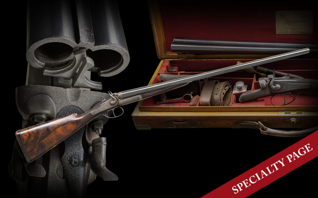 JAMES PURDEY NO. 18499 A  RARE HAMMER EJECTOR GAME GUN NO. 8 IN THE BATTERY OF THE EARL OF PORTSMOUTH WITH CASE, ACCESSORIES & FACTORY LETTERS & PHOTOCOPY OF INFORMATION ABOUT THE EARL