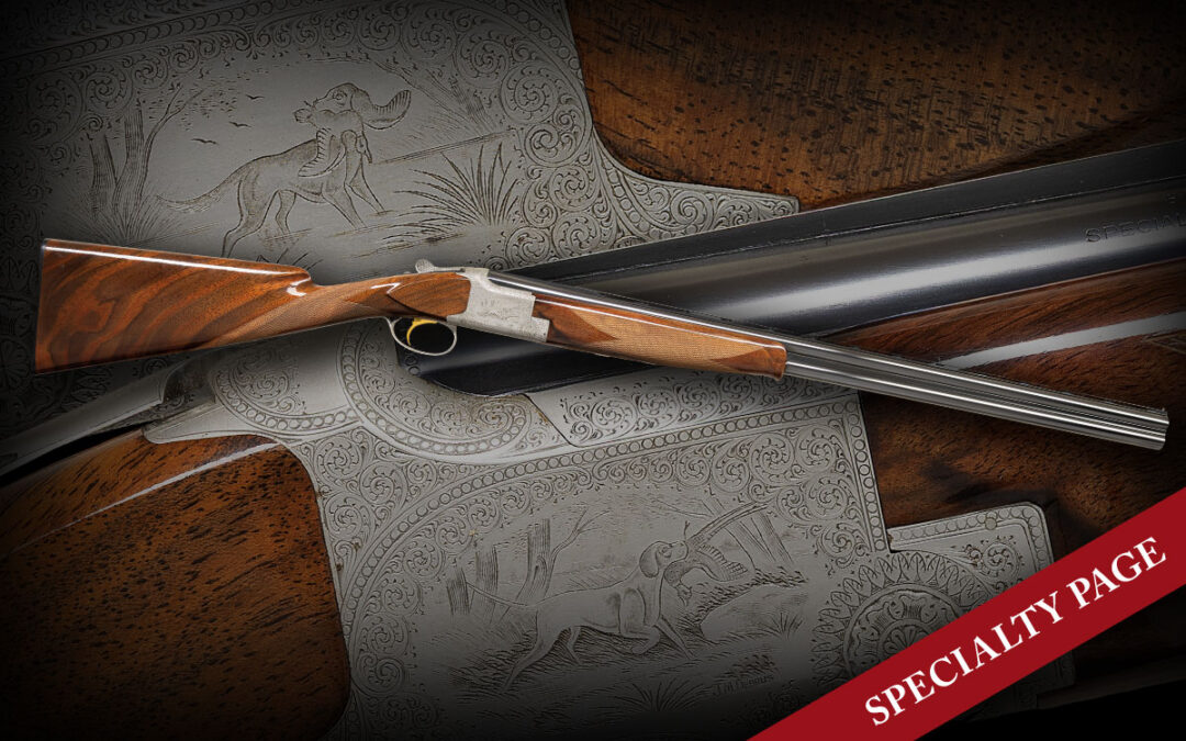 WONDERFUL BROWNING POINTER GRADE SUPERLIGHT SUPERPOSED SKEET GUN ENGRAVED BY DEBRUS & BLEUS WITH CASE