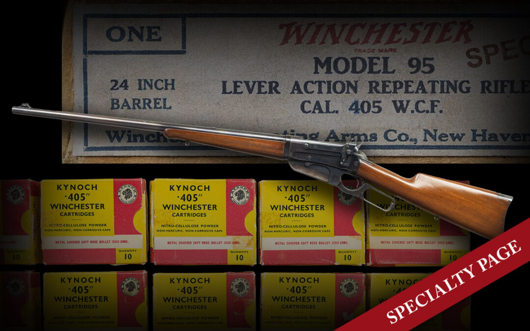 HIGH CONDITION BOXED WINCHESTER 1895, 405 TAKEDOWN LEVER ACTION RIFLE WITH ORIGINAL 1920 RECEIPT, PAPERWORK AND KYNOCH AMMUNITION