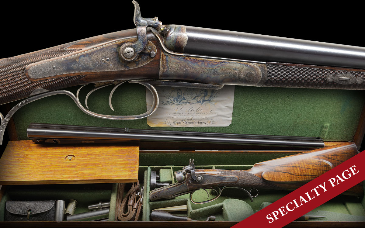 JAMES PURDEY NO. 9567. A PERCUSSION STYLE BREECH LOADING .500/.450, 2-7/8″ LONG GUARD LEVER HAMMER DOUBLE RIFLE WITH CASE, ACCESSORIES & FACTORY LETTER