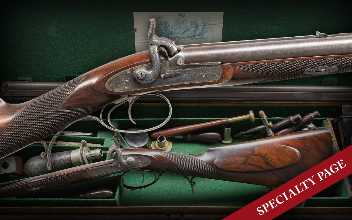 J. PURDEY RIFLE NO. 5263 PERCUSSION DOUBLE EXPRESS 2 GROOVE DEER STALKING RIFLE MADE FOR LORD HUNTINGFIELD WITH ORIGINAL CASE, ACCESSORIES & FACTORY LETTER